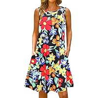 Summer Dresses for Women Casual Sleeveless Tshirt Beach Sundresses Swing Tank Dress Classic Floral Flowy Loose Fit Dress