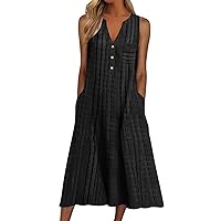 Women Casual Dress Summer Stripe Button V Neck Sleeveless with Pocket Long Dresses Holiday Beach Party Midi Dress