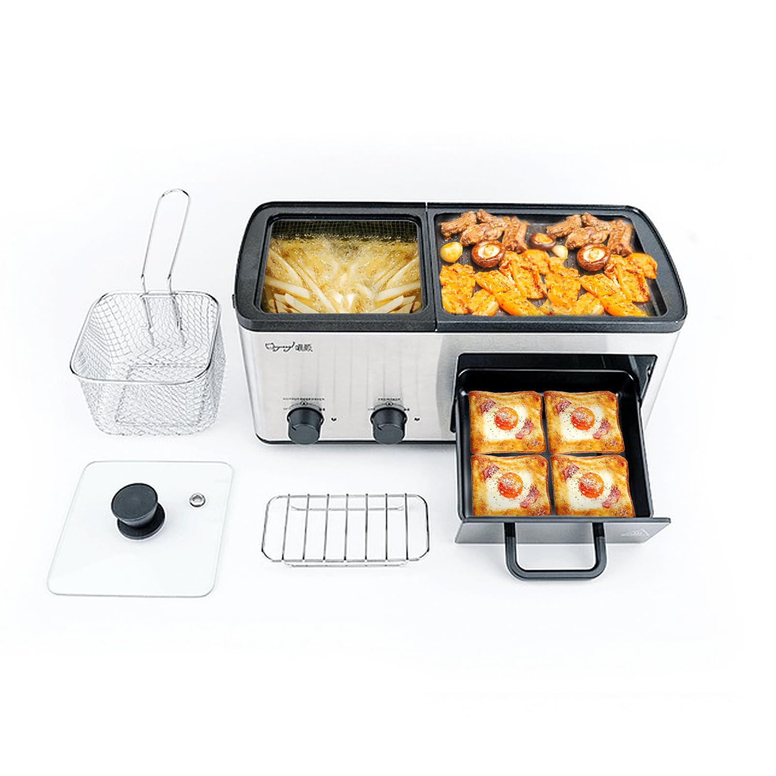 4 in 1 Hot Pot Electric with Grill and Frying Basket, Non-Stick Multi-Cooker with Independent Dual Temperature Control and Fast Heating for Korean BBQ, Simmer, Boil, Fry, Roast, Silver