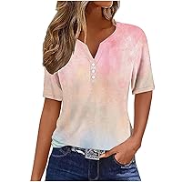 Womens Tops Henley Neck Buttons Sexy Shirts Short Sleeve Dressy Blouses 2024 Summer Trendy Tie Dye Print Tunic Tee