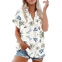 Women's Tops and Blouses Short Sleeved Shirt, Daily Fashion Printed Button Top, Chest Pocket Cardigan Tops, S-2XL