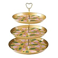 3-Tier Cupcake Stand, Floral Pattern Pink Flowers and Green Leaves Plastic Dessert Plates Serving Stand for Birthday Tea Party Baby Shower and Wedding Decorations