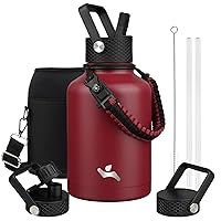 Insulated Water Bottle with Straw,50oz 3 Lids Water Jug with Carrying Bag,Paracord Handle,Double Wall Vacuum Stainless Steel Metal Flask,Dark Red
