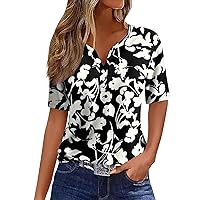 Plus Size Winter Park Tunic Women Casual Short Sleeve Fit Polyester Ladies Button Front Print V Neck Soft Black XXL