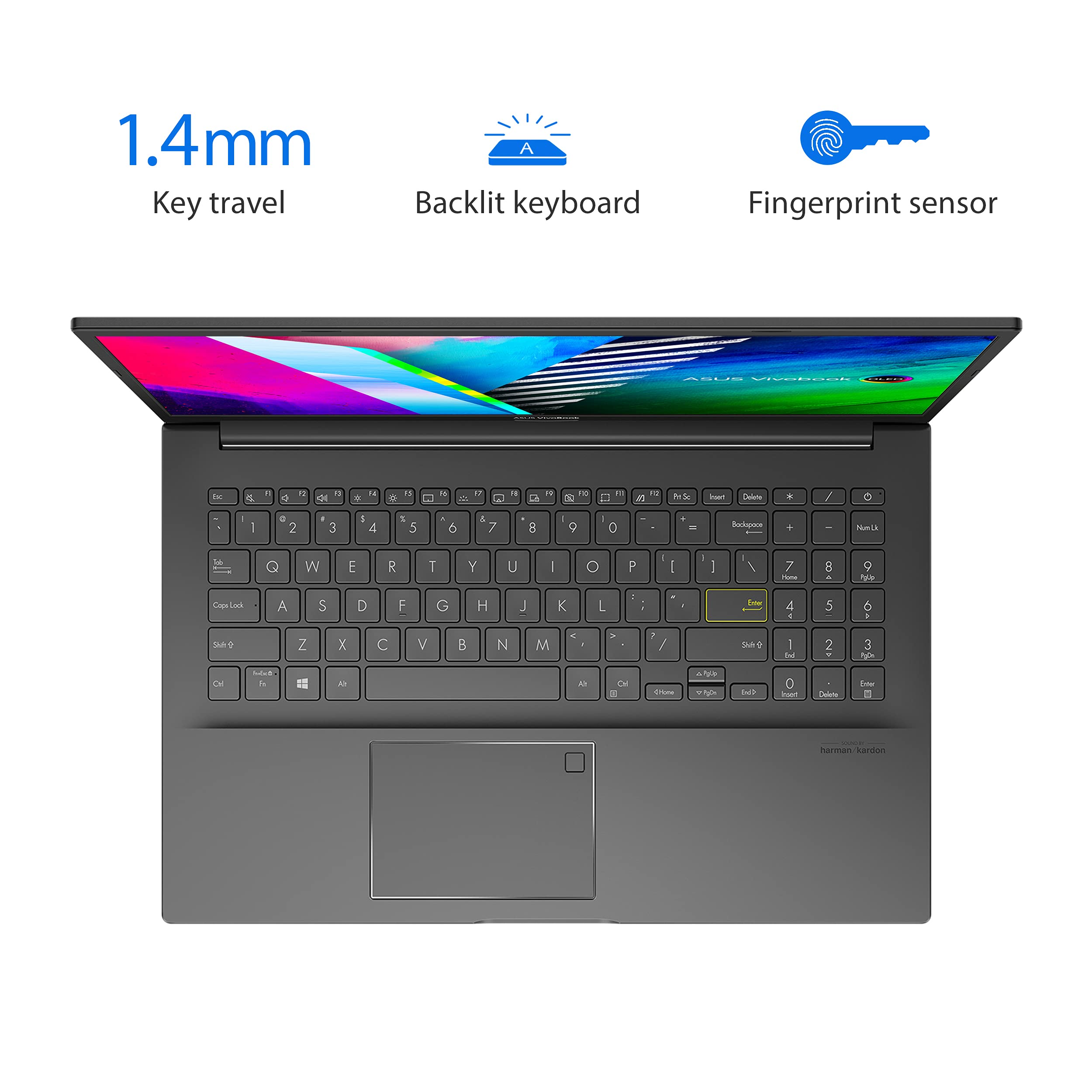 ASUS VivoBook 15 OLED K513 Thin & Light Laptop, 15.6 OLED Display, Intel i5-1135G7 CPU, Intel Iris Xe Graphics, 12GB RAM, 512GB PCIe SSD, Fingerprint Reader, Windows 10 Home, Indie Black, K513EA-AB54