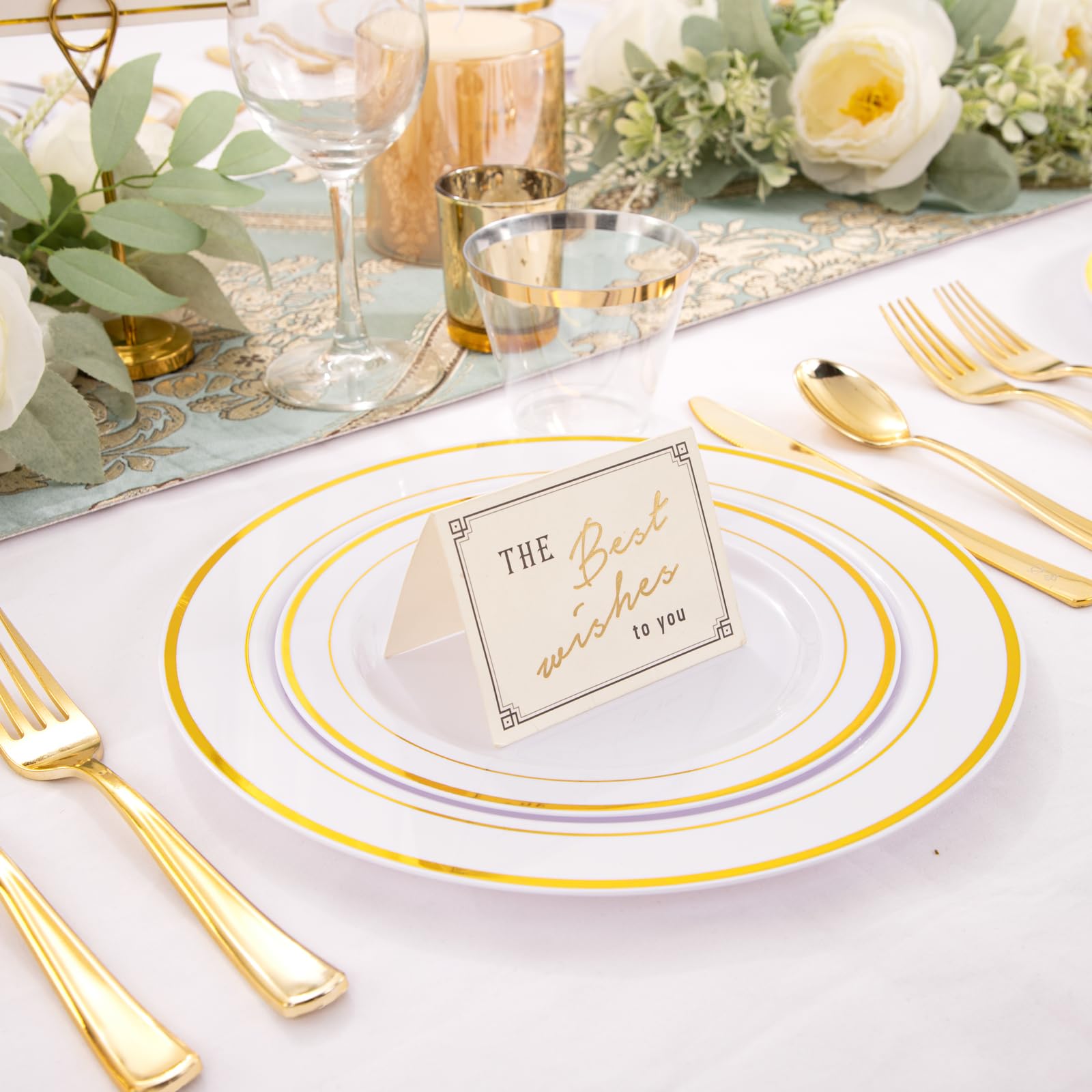 WELLIFE 350 Pieces Gold Plastic Plates with Disposable Silverware and Cups, Include: 50 Dinner Plates 10.25”, 50 Dessert Plates 7.5”, 50 Gold Rim Cups 9 OZ, 50 Gold Cutlery