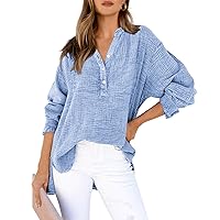 BTFBM Women Button Down Long Sleeve Shirts Tops V Neck Side Slit Loose Blouses Dressy Casual Textured Cotton Shirt Top