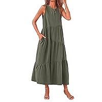 PRETTYGARDEN Womens 2024 Casual Summer Sleeveless Long Flowy Tiered Midi Dress With Pockets