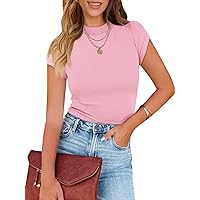 MEROKEETY Women's Short Sleeve Crewneck Ribbed Knit Tops Summer Casual Slim Fit Basic Tee Shirts