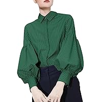 Womens Retro Lantern Sleeve Blouses Long Sleeve Lapel Stripe Dress Shirts Fall Winter Casual Formal Blouse Tops