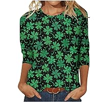 St Patricks Day Shirt Women 3/4 Sleeve Green Clover T-Shirt Round Neck Shamrock Print Holiday Tee Loose Fit Tunic Tops