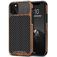 TENDLIN Compatible with iPhone 11 Pro Max Case Wood Grain with Carbon Fiber Texture Design Leather Hybrid Case