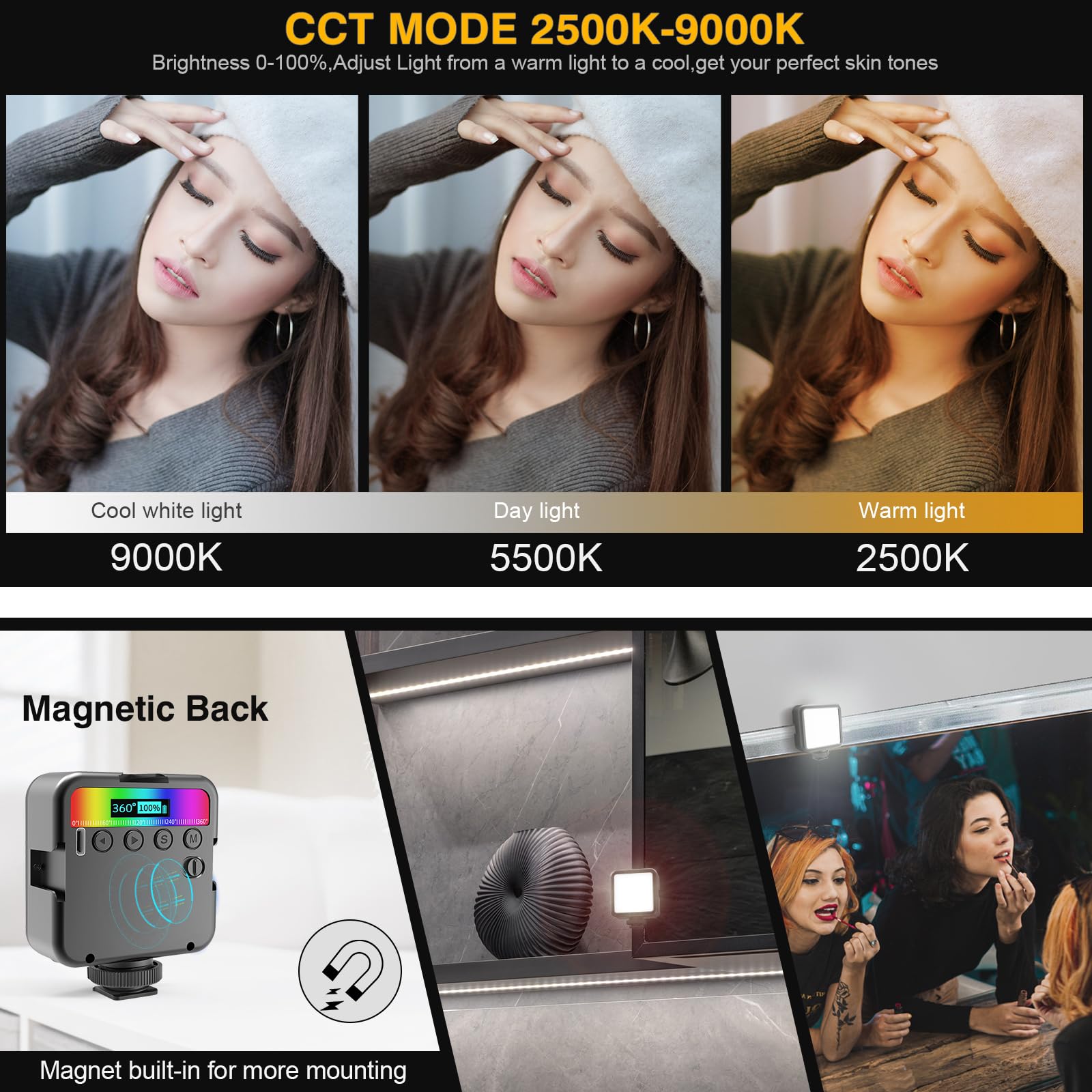 Altson Magnetic RGB Led Video Light LED Camera Light 360° Full Color Portable Photography Lighting Whit 3 Cold Shoe，，2000mAh Rechargeable CRI 96+/2500-9900K/13 Scene (Black)