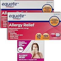 Equate Allergy Relief Capsules, 25 mg, 100 Ct (2 Pack) Bundle with Exclusive 