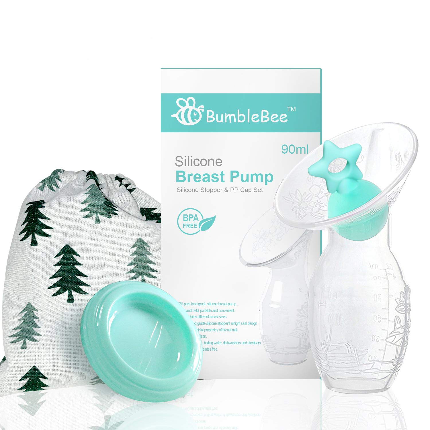Bumblebee Breast Pump Manual Breast Pump Breastfeeding with Pump Stopper lid Pouch in Gift Box Silicone Breast Pump, Green Star Shape…