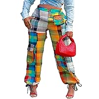 Famnbro Women's Colorful Checkered Pants Straight Leg Cuffed Bandage Loose Cargo Pants Joggers