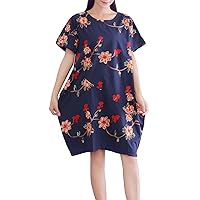 Women's Casual Loose Embroidered Summer Midi Linen Cotton Dresses with Pockets