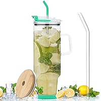 50 oz Glass Tumbler with Handle,Glass Cup with Lids and Straws,Large Capacity Glass Water Cup,Drinking Glasses with Silicone Coaster,Iced Coffee tumbler,Cute Cup for Milk Juice - Green