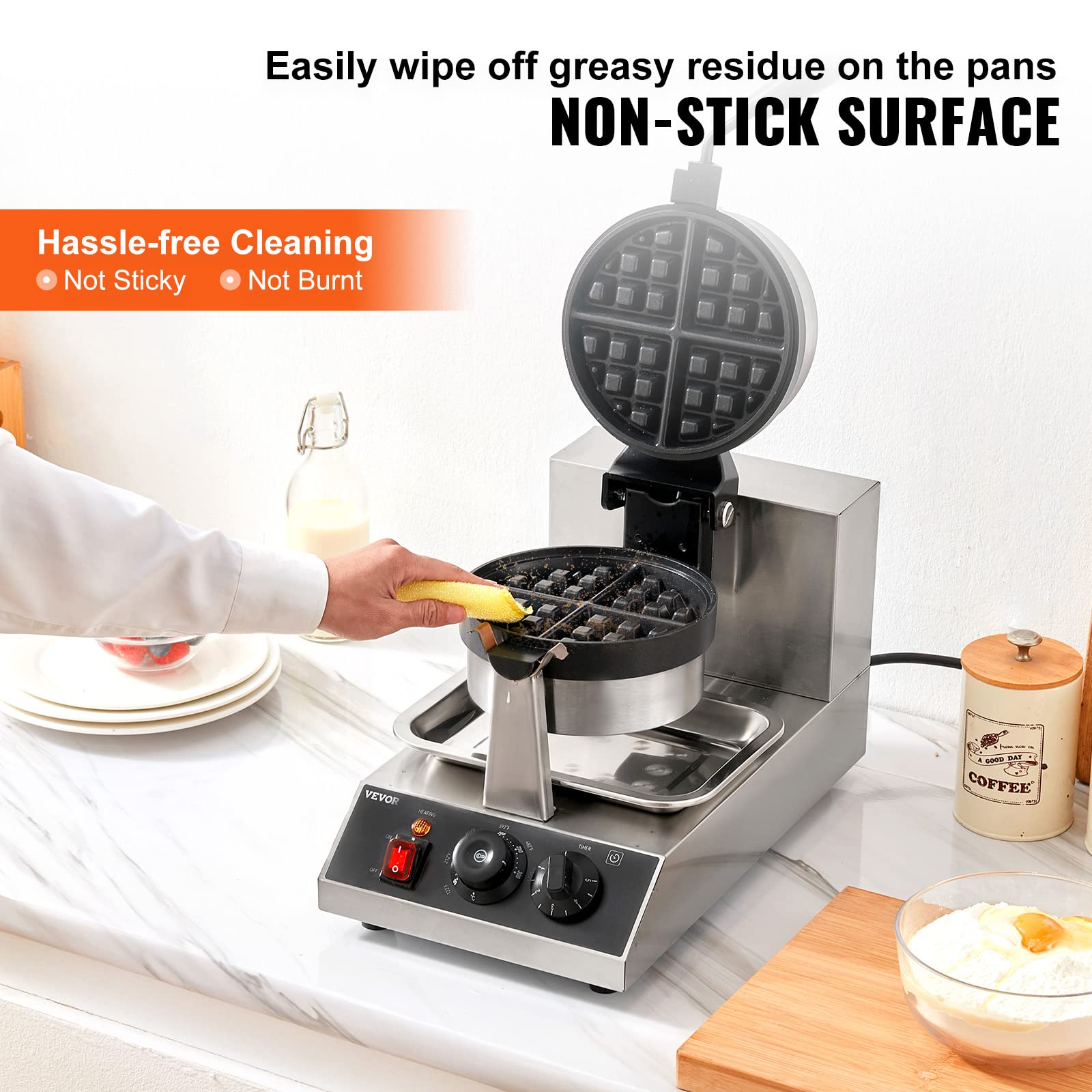 VEVOR Commercial Waffle Maker, 1300W Round Waffle Iron, Non-Stick Rotatable Waffle Baker Machine With 122-572℉ Temp Range and Time Control, Teflon-Coated Baking Pan Stainless Steel Body 120V