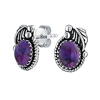 Native American Style Stabilized Semi Precious Gemstone Birthstones Oval Bezel Leaf Rope Edged Stud Earrings Western Jewelry For Women Oxidized .925 Sterling Silver