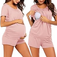 Ekouaer Women's Maternity Nursing Pajama Set Breastfeeding Sleepwear Set Double Layer Short Sleeve Top & Pants Pregnancy PJS