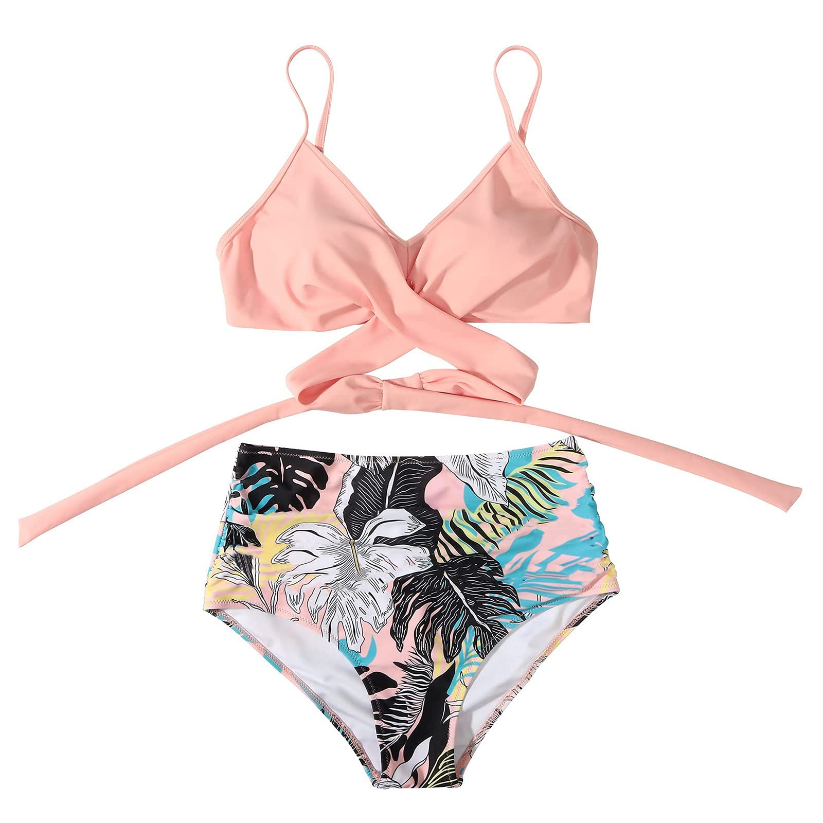 FMCHICO Women's High Waist Bikini Swimsuit Floral Print Tie Two Piece Bathing Suit