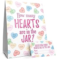 DISTINCTIVS Valentine's Day Party Game - How Many Candy Hearts in The Jar Party Activity (1 Sign & 30 Guessing Cards)