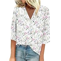 Women's 3/4 Sleeve T Shirts, Tops Floral Print Vintage Fashion Casual Loose Neck Plus Size Sunflower, S, 3XL