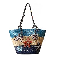 Luckywe Handbag Handmade Women Girls Tote Bag BoHo Embroidery Starfish Purse Straw Nature Beach Bag