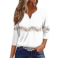 Womens Tops 3/4 Sleeve Summer Shirts V Neck Casual Blouses Floral Print Tshirts Button Fall Tops