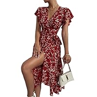 Summer Dresses for Women 2022 Floral Print Butterfly Sleeve Knot Side Dress (Color : Burgundy, Size : XS)