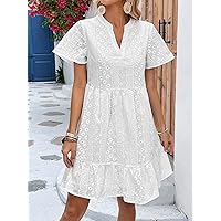 Dresses for Women - Embroidery Ruffle Hem Smock Dress (Color : White, Size : Large)