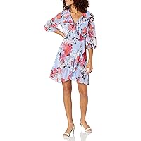Adrianna Papell Women's Floral Faux Wrap Dress with Three Quarter Sleeves
