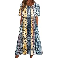 Womens Short Sleeve Maxi Dresses Floral Pleated Ruffle A Line Long Dress with Pockets
