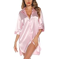 Leikar Satin Nightgown For Women 3/4 Sleeve Silk Nightshirt Button Down Pajamas Dress Boyfriend Sleepshirt S-XXL