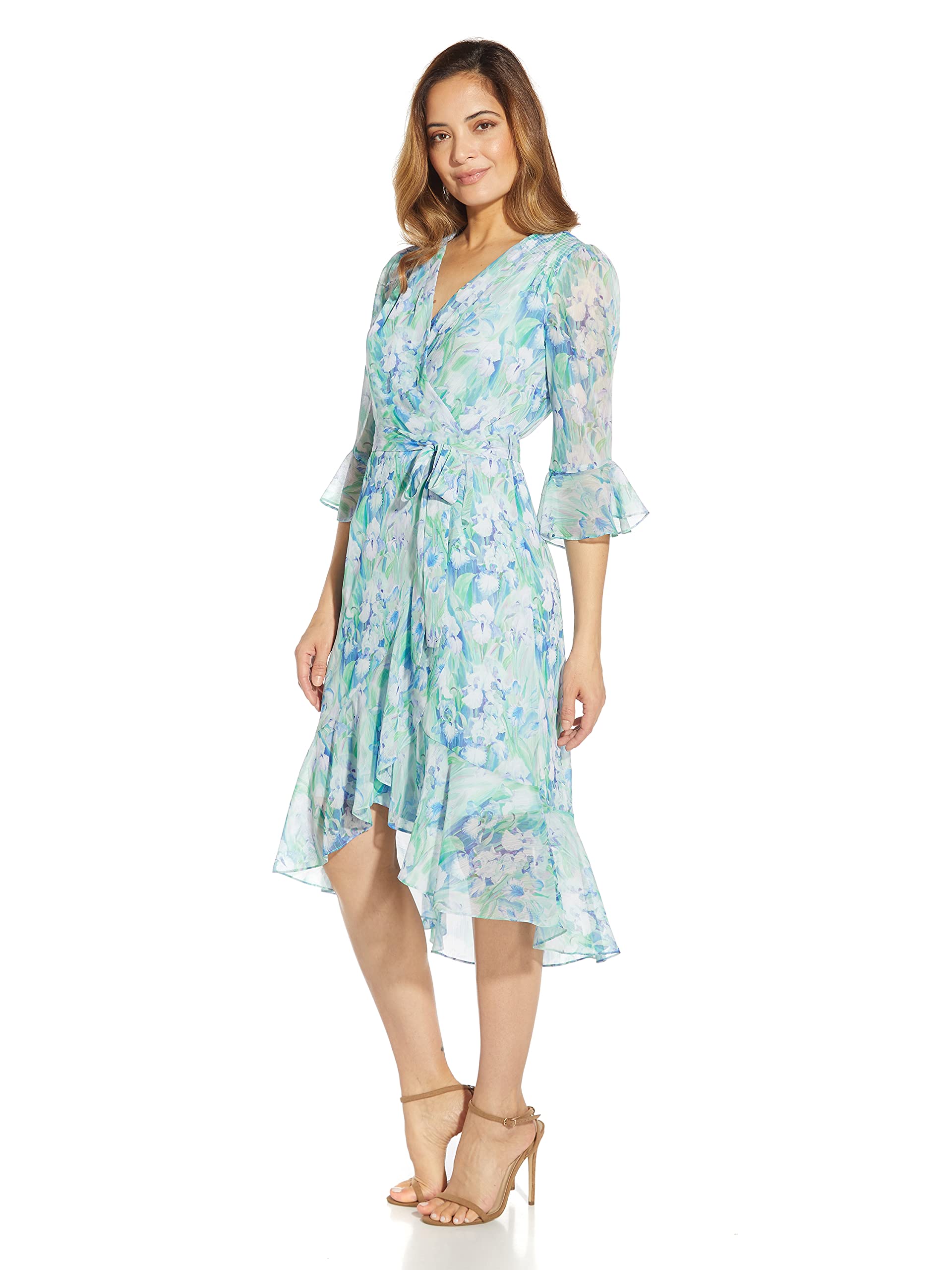 Adrianna Papell Women's Printed Chiffon Short Dress with Three Quarter Bell Sleeves
