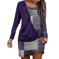 Fall Winter Long Sleeve for Women Casual Trendy Plus Size Mini Dress Elegant Formal Ruched Floral Plaid Short Dress