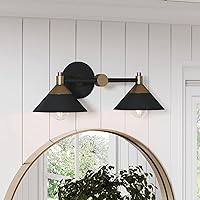 Nathan James Frank Bathroom Light Fixture Sconce Lighting, Vintage Wall Mounted 2-Lights Vanity Fixture with Farmhouse Black Metal and Brass Shades