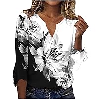 Womens Summer Fall Tops 2023 Flower Three Quarter Sleeve T Shirts 3/4 Sleeves V Neck Tunic Blouse Stone Print Tee