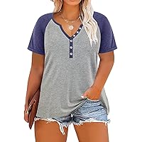 RITERA Plus Size Tops for Women Summer Color Block Raglan Short Sleeve (Blue Grey) V Neck Button Tunic Casual Pullover Tee 2XL 18W 20W