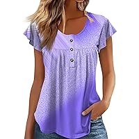 Dressy Tops for Women Womens Shirts Dress Blouses for Women Plus Size Short Sleeve Tops Loose Tunic Printed Button Round Neck T-Shirts Purple XX-Large
