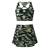 Kids Girls Camouflage Print 3pcs Pieces Clothes Set Short Sleeve Cropped Top with Skirt and Belt