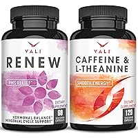 VALI Renew PMS Caffeine & L-Theanine Bundle - PMS Relief Supplement for Women’s Menstrual Cycle Vitamins & Herbal Support and Smart Smooth Focused Energy Cognitive Nootropic Supplement