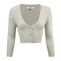 YEMAK Women's Cropped Bolero Cardigan – 3/4 Sleeve V-Neck Basic Classic Casual Button Down Knit Soft Sweater Top (S-4XL)