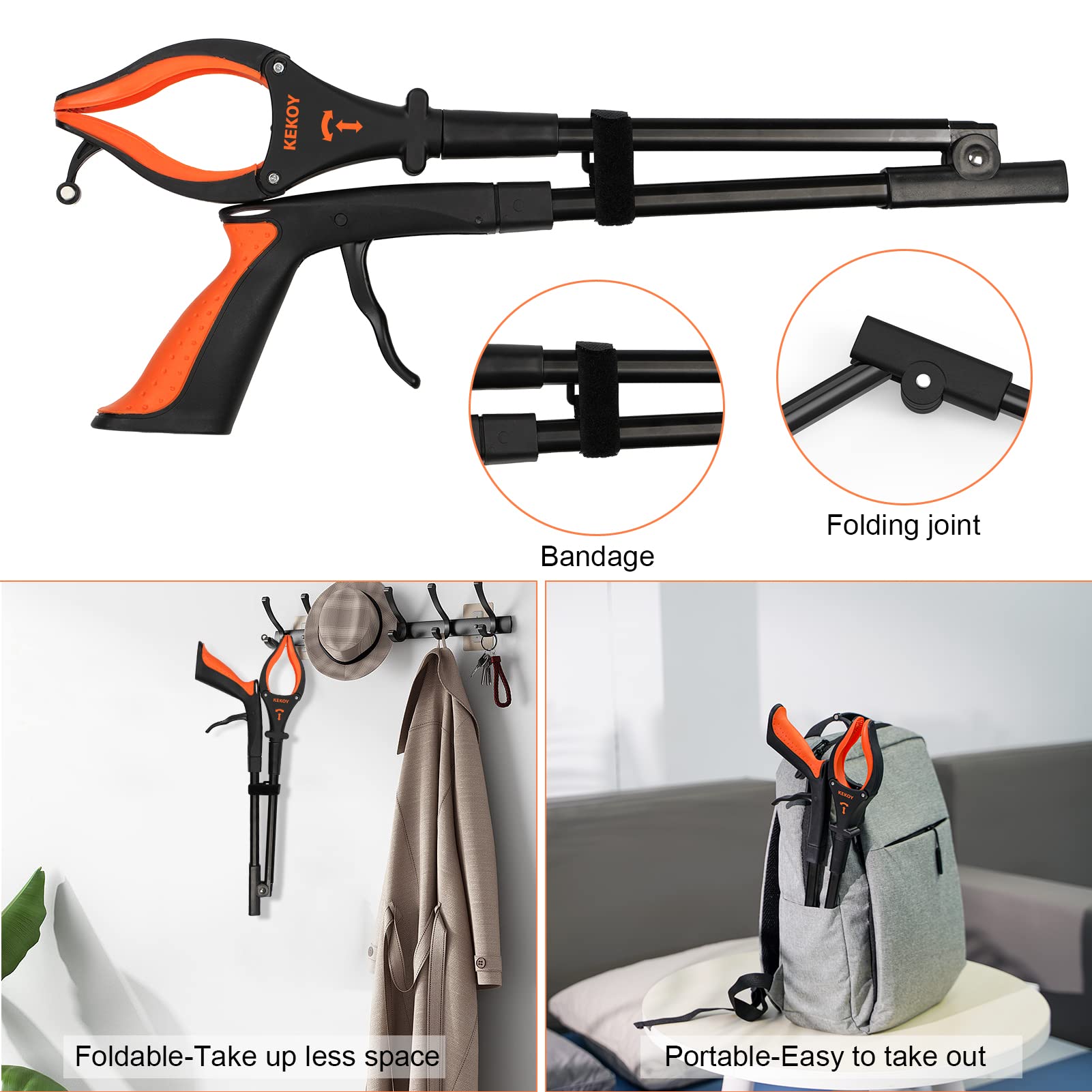 Kekoy 32'' Grabber Reacher Tool, Foldable Grabber With Light, Extra Long Grabbers for Elderly Grab it Reaching Tool, 90° Rotating Jaw Trash Pick Up Stick,Picker Upper Reach Extender Grabber Heavy Duty