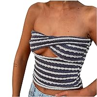 Womens Knitting Stripe Bandeau Twisted Cutout Crop Tube Tops Summer Trendy Sexy Slim Fit Beach Strapless Shirts