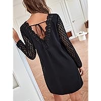 Fall Dresses for Women 2022 Guipure Lace Insert Tie Back Dress (Color : Black, Size : Small)