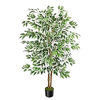 5ft Ficus Tree Artificial, Tall Fake Tree with Natural Trunk Faux Trees Indoor Silk Ficus Leaves Artificial Trees for Home Decor Indoor Spring Office Living Room Outdoor (Included Dried Moss)