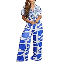 Womens Sexy V-neck Short Sleeve Floral Print High Waist Wide Leg Jumpsuit Rompers Overalls