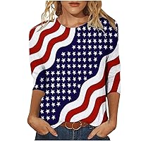 Ceboyel Womens Stars Stripes Sexy Patriotic Shirts Bling 4Th of July Tops 3/4 Sleeve Blouse Tshirts Funny Ladies Outfits